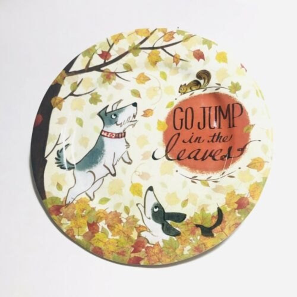 New Pier 1 Plate Go Jump In The Leaves 9 Inch Melamine Dogs